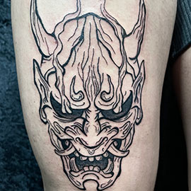 Custom Fine Line Oni Mask by sheila.tattoos - Black Pearl Tattoo Santa Cruz CA