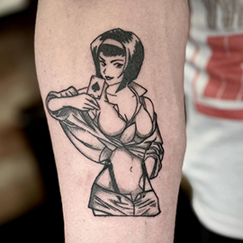 Custom Faye Valentine Anime Blackwork Illustration design by sheila.tattoos Black Pearl Tattoo Santa Cruz CA