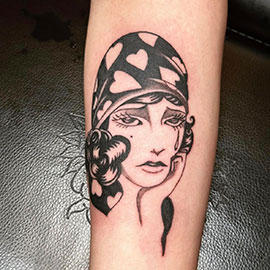 Custom Neo Traditional sad girl Blackwork design tattooed by sheila.tattoos Black Pearl Tattoo Santa Cruz CA