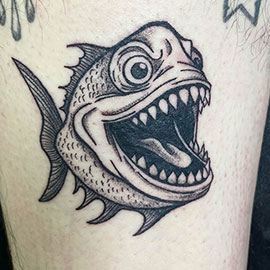 Custom Piranha Blackwork tattoo design by sheila.tattoos - Black Pearl Tattoo Santa Cruz CA