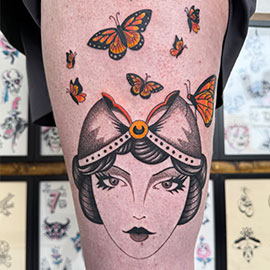 Custom Woman Butterfly Fineline Blackwork Color Tattoo Design by sheila.tattoos Black Pearl Tattoo Santa Cruz CA